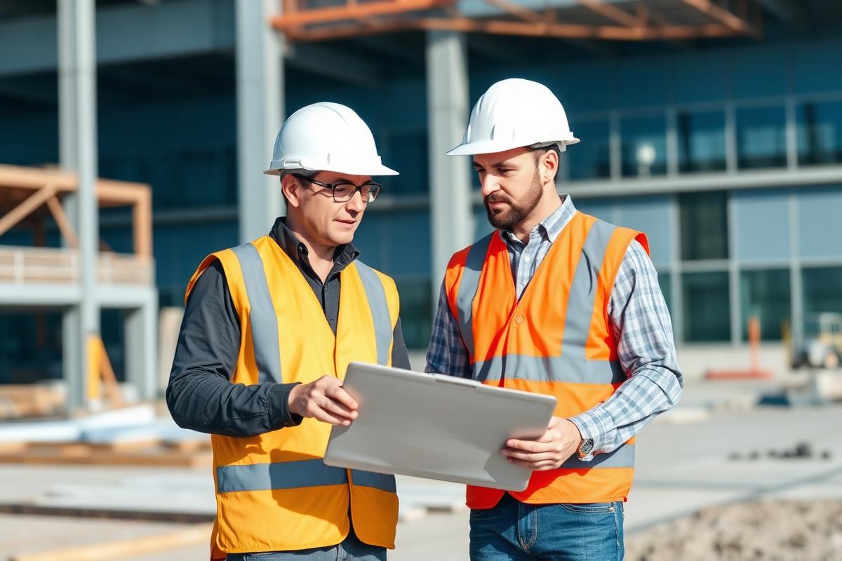 Canadian construction contractors reviewing plans on a commercial job site