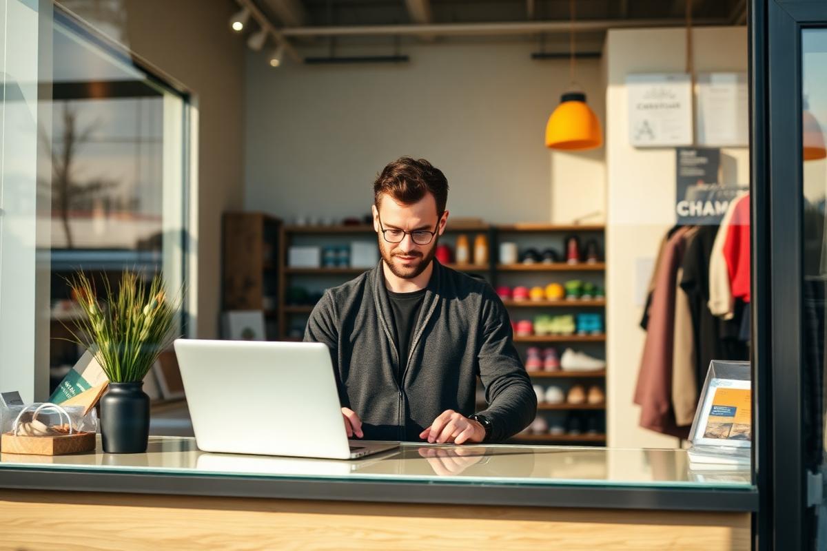 Owner of a small Canadian retail store working at the counter