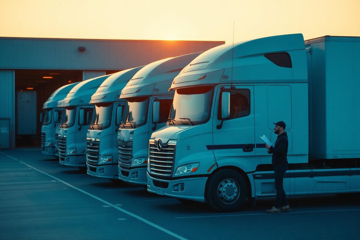 Transport trucks lined up at a Canadian logistics depot at sunrise